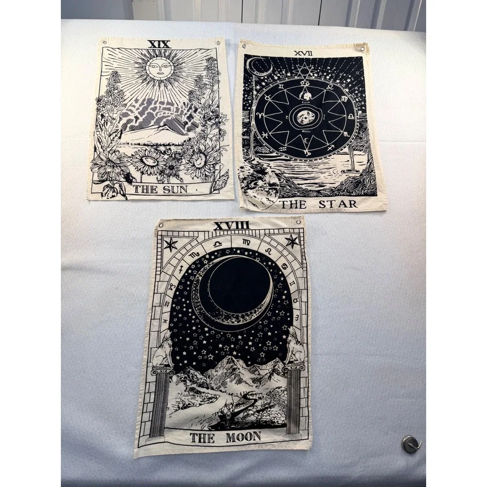 Set of 3 Tarot Card Tapestries The Sun The Moon The Star Wall Hanging Decor